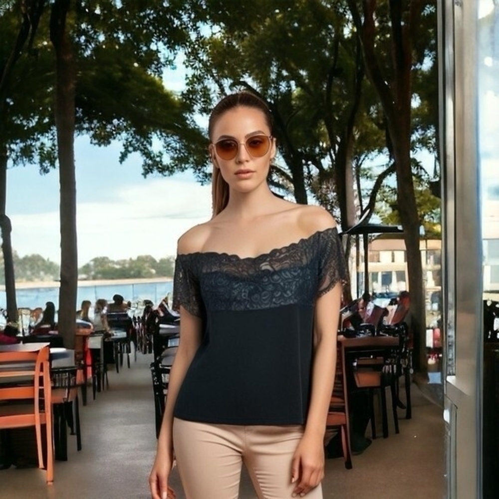 Avenue of the Stars Off Shoulder Black Lace Blouse Plus Size 4X 26-28 Cotton EXC